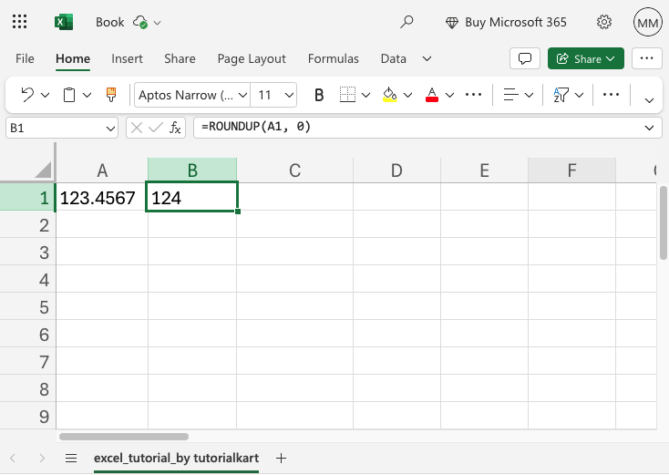 Using the ROUNDUP Function to round up to zero decimal places